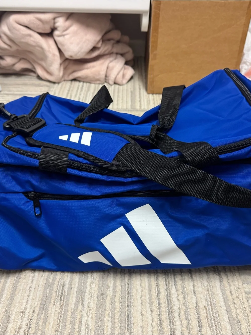 adidas kansas Blue Duffel Bag with White Logo and Black Straps